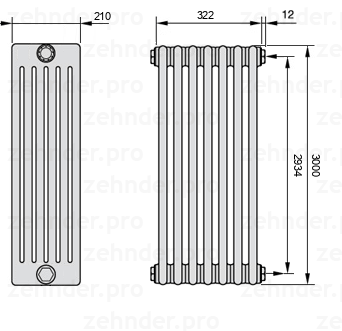 Схема (чертеж) Радиатор Zehnder Charleston 6300/7 №7610 Белый глянцевый RAL 9016